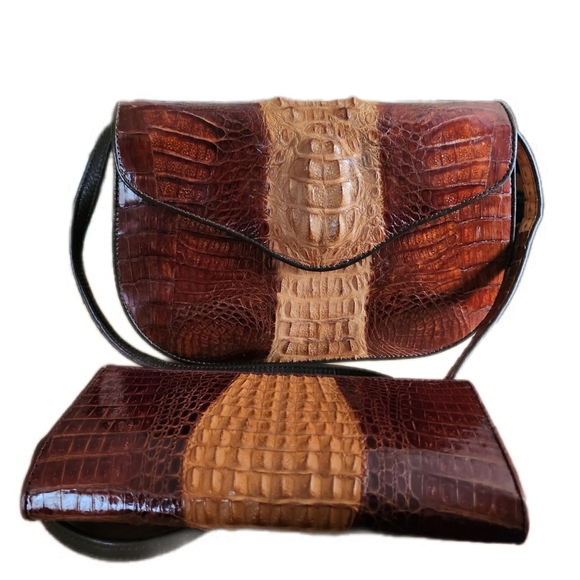 VINTAGE GENUINE CROCODILE LEATHER CROSSBODY BAG & MATCHING WALLET SET NWOT - Picture 2 of 14